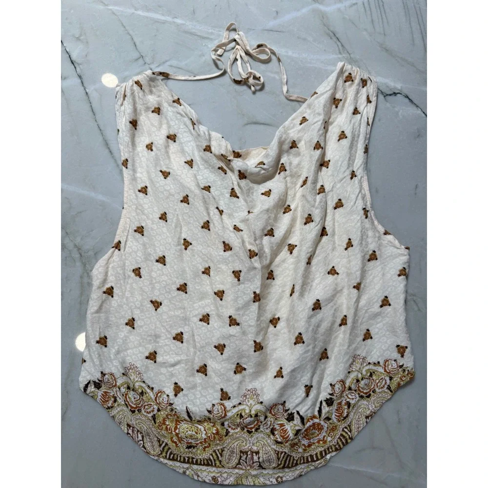 Free People Silas Cream Floral Paisley Cowl Neck Sleeveless Boho Top Small #110